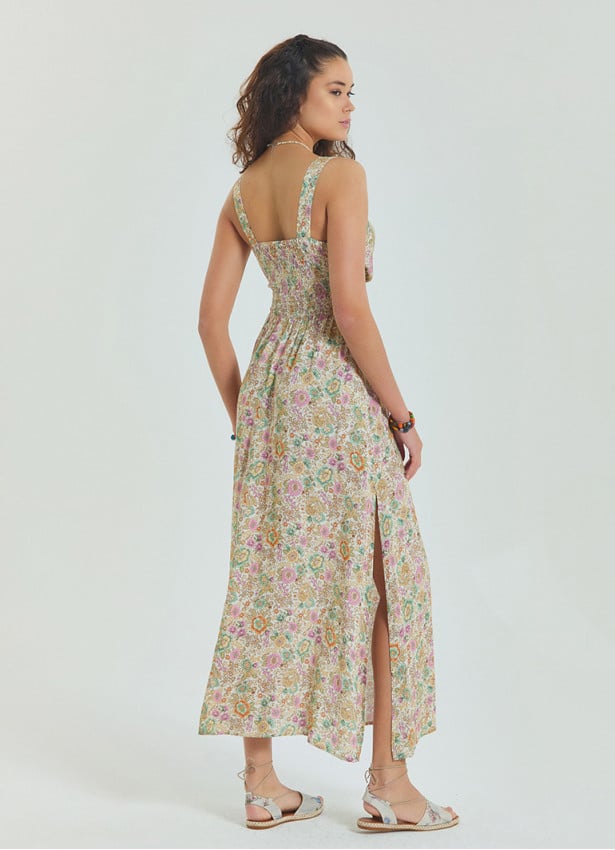 Double Breasted Collar Long Beige Dress with Slit from the Yoke 4561